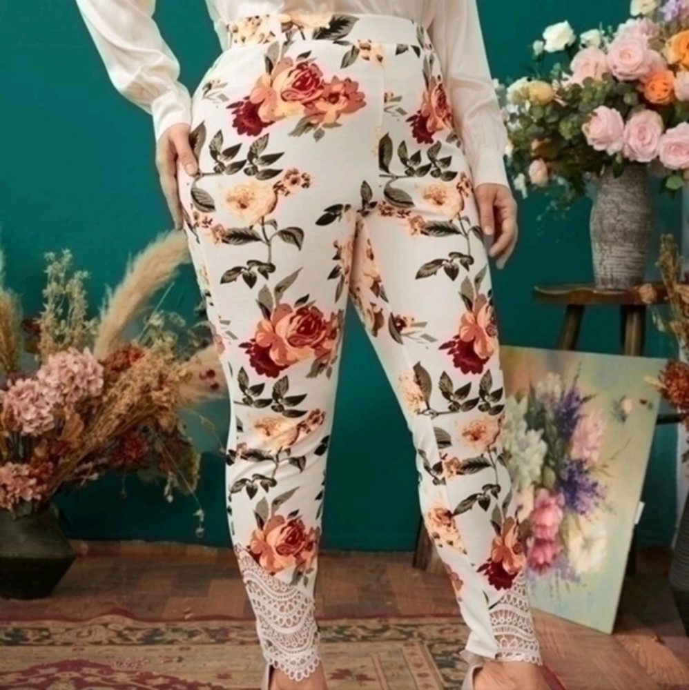 DHEIN FLORAL STRETCH KNIT LACE HEM LEGGINGS SZ 3X